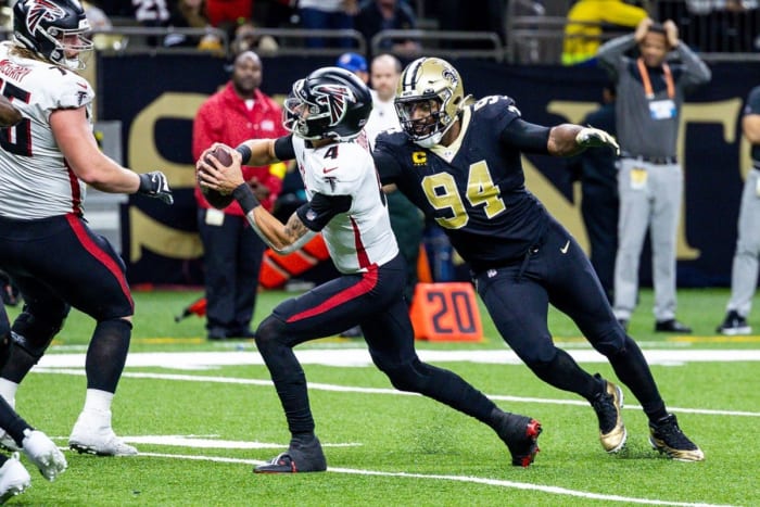 New Orleans Saints defensive end Cameron Jordan (94) sacks Atlanta Falcons quarterback Desmond Ridder (4). Mandatory Credit: Stephen Lew-USA TODAY